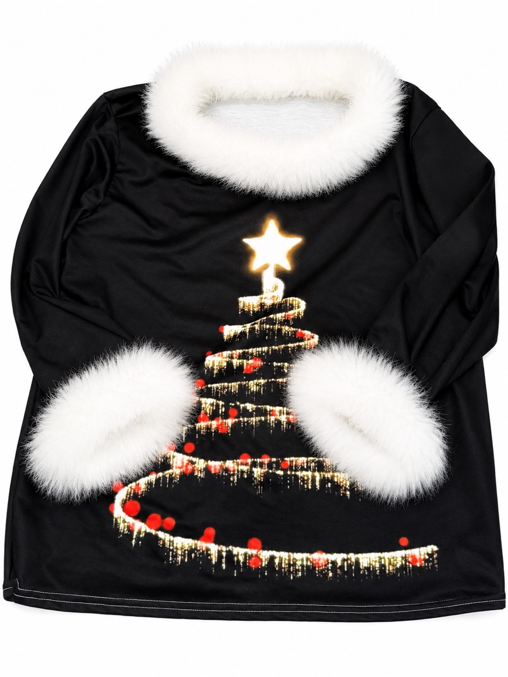 Black Holiday Tree Pajama Top with White Faux Fur Trim